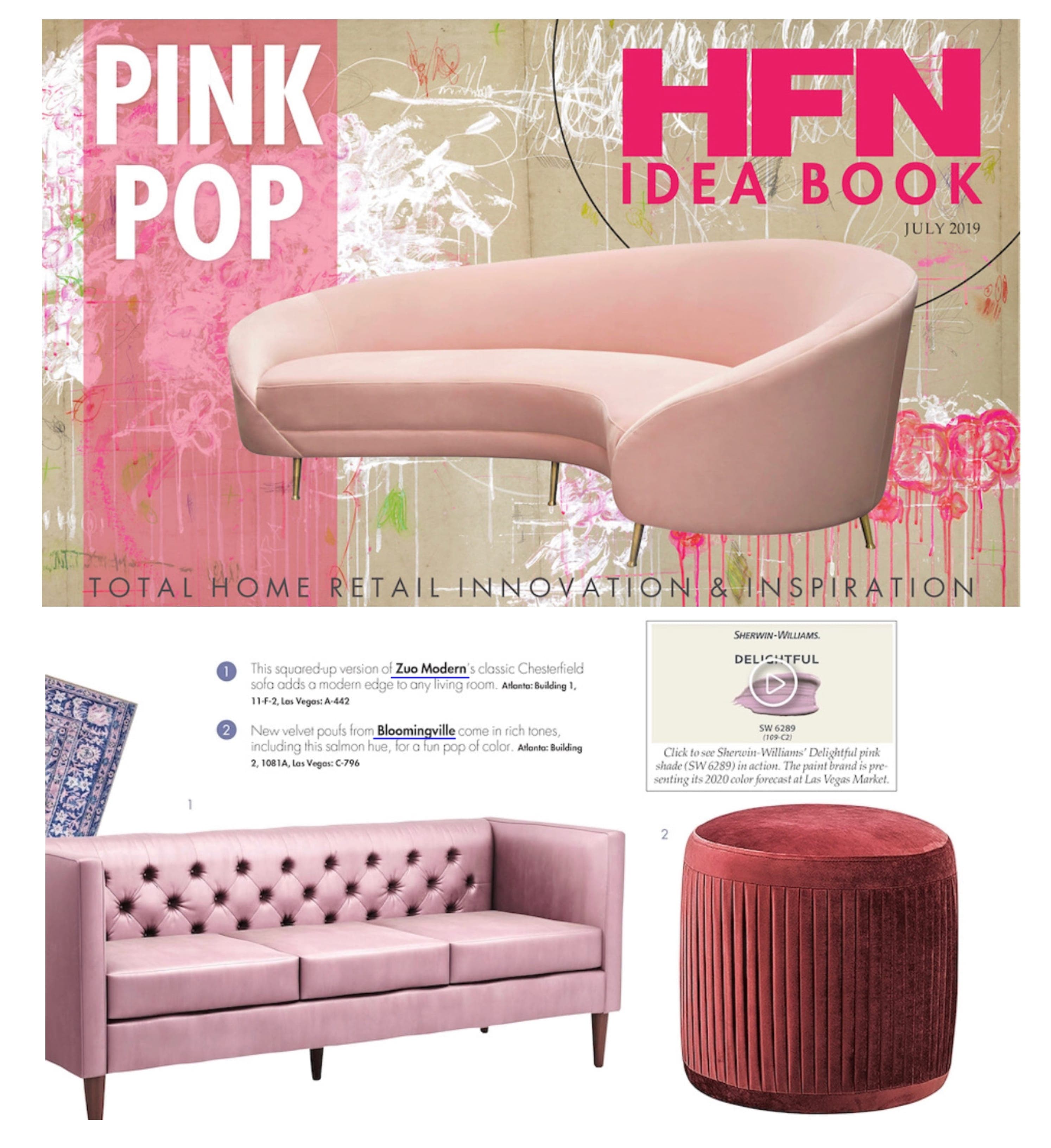 The Zuo Ada pink sofa is featured in the HFN Ideas Book magazine front page